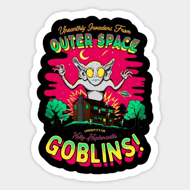 Unearthly Invaders from Outer Space, Lookout! It's the Kelly-Hopkinsville Goblins Cute Cryptid Aliens Sticker by Strangeology